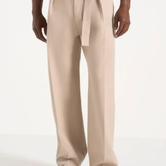 Loic - Wide Leg Tailored Pants With Belt - Beige
