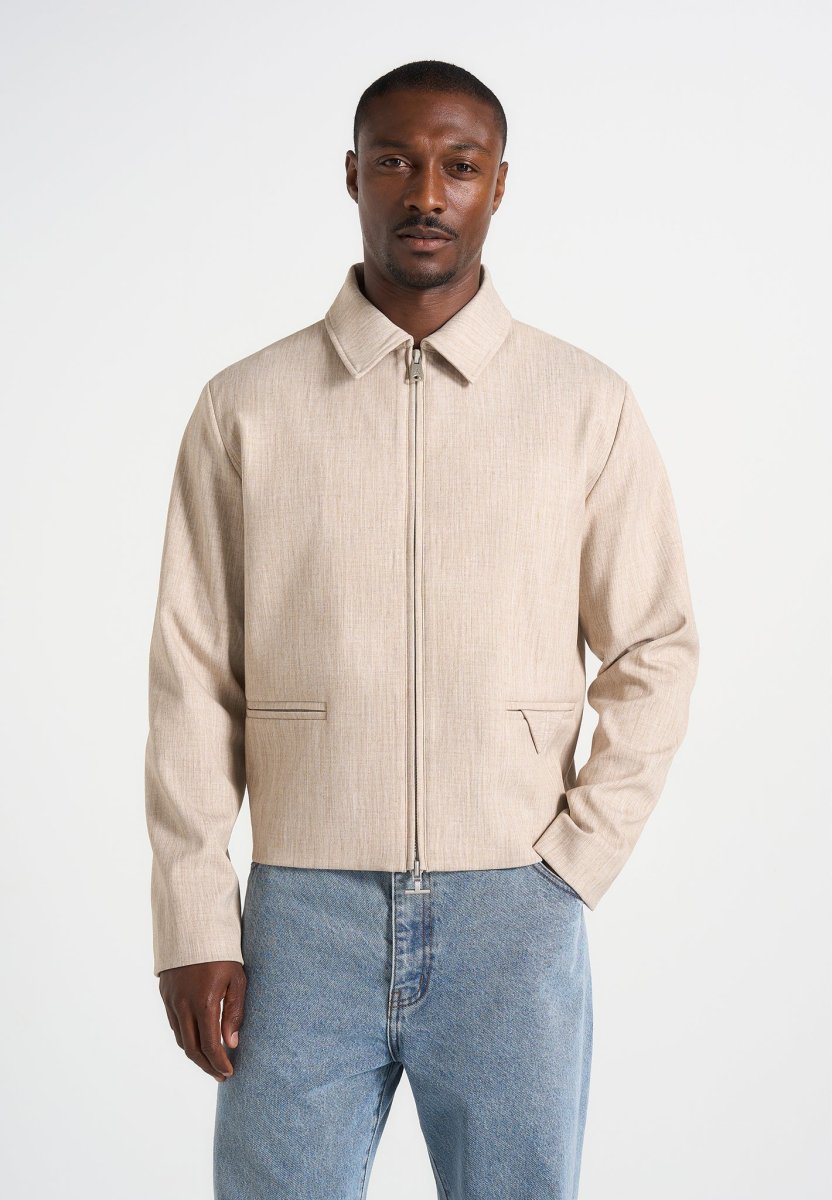 Amir - Boxy Hatched Harrington Jacket - Beige - Image 3