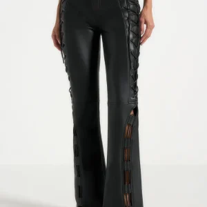 Ambre - Leather Lace Up Flared Pants - Black