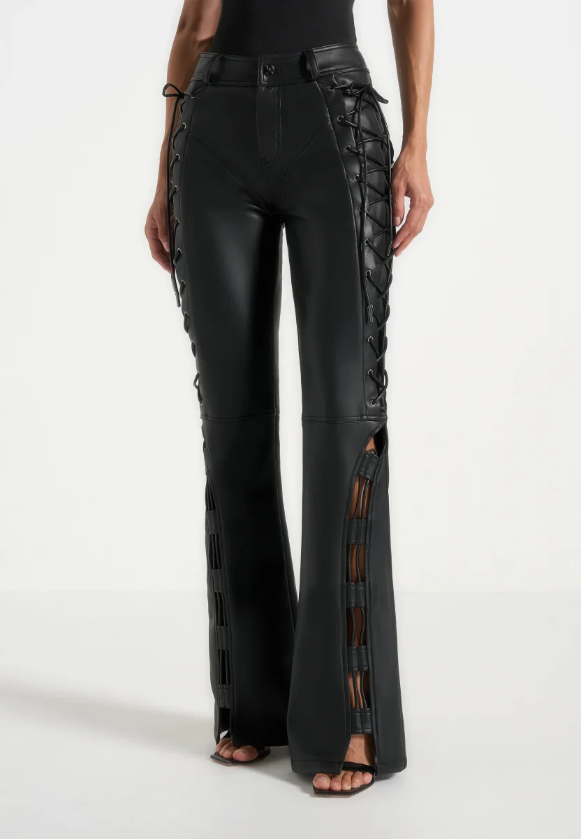 Ambre - Leather Lace Up Flared Pants - Black - Image 2
