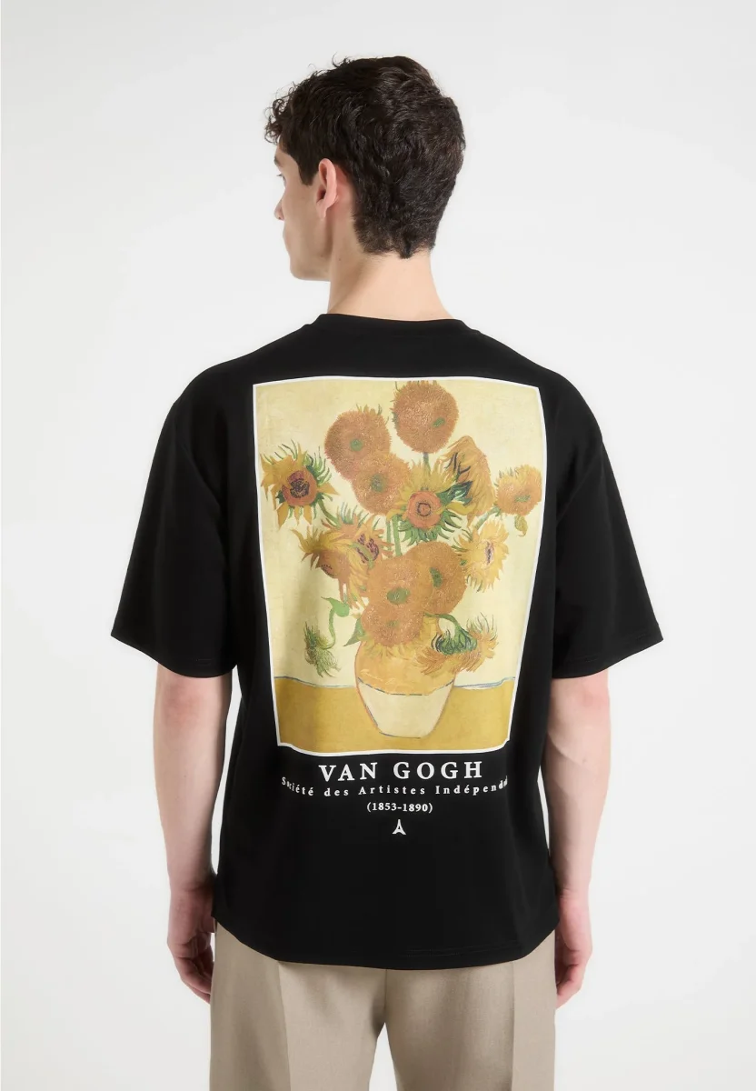 Sunflowers - Van Gogh Cotton T-Shirt - Black - Image 4
