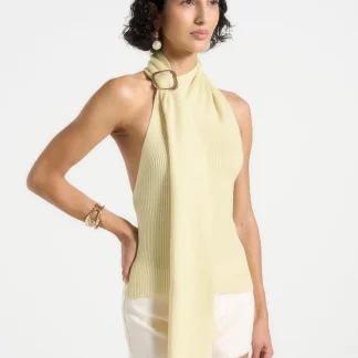 Elodie - Knitted Draped Halterneck Top - Pale Yellow