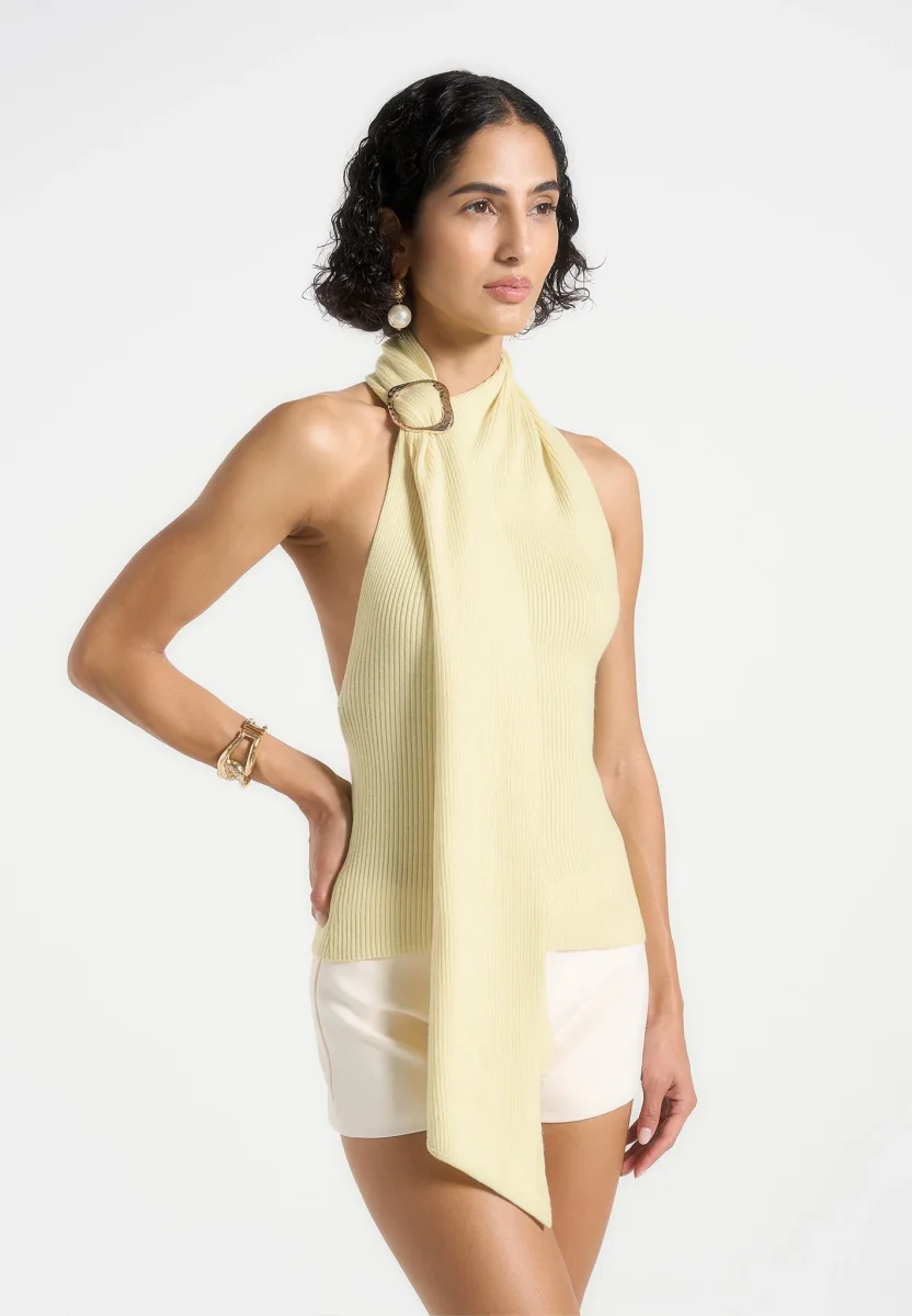 Elodie - Knitted Draped Halterneck Top - Pale Yellow - Image 2