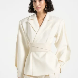 Marie - Twist Sleeve Tailored Blazer with Belt - Off White