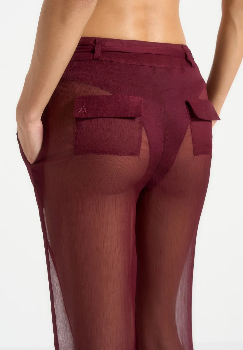 Sheer Belted Pants - Wine Red - Image 5