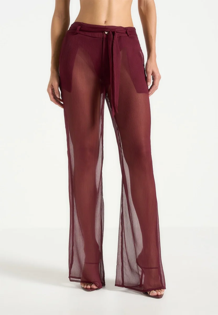 Sheer Belted Pants - Wine Red - Image 4