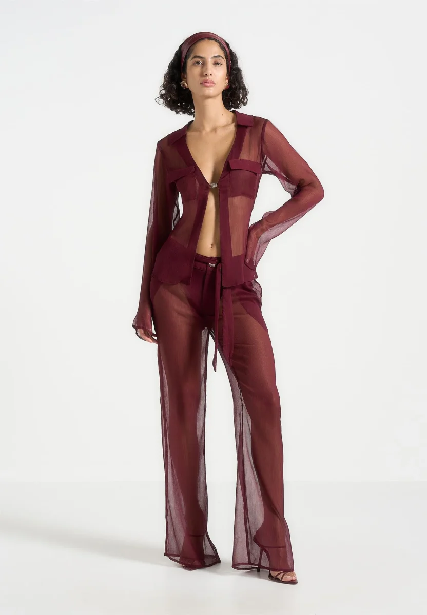 Sheer Belted Pants - Wine Red - Image 3