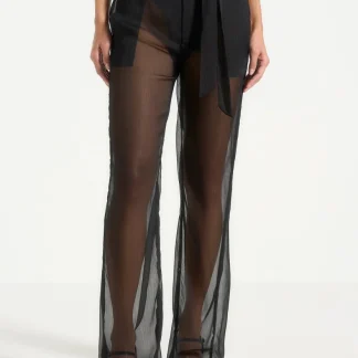 Sheer Belted Pants - Black
