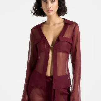 Sheer Shirt with Clasp - Wine Red
