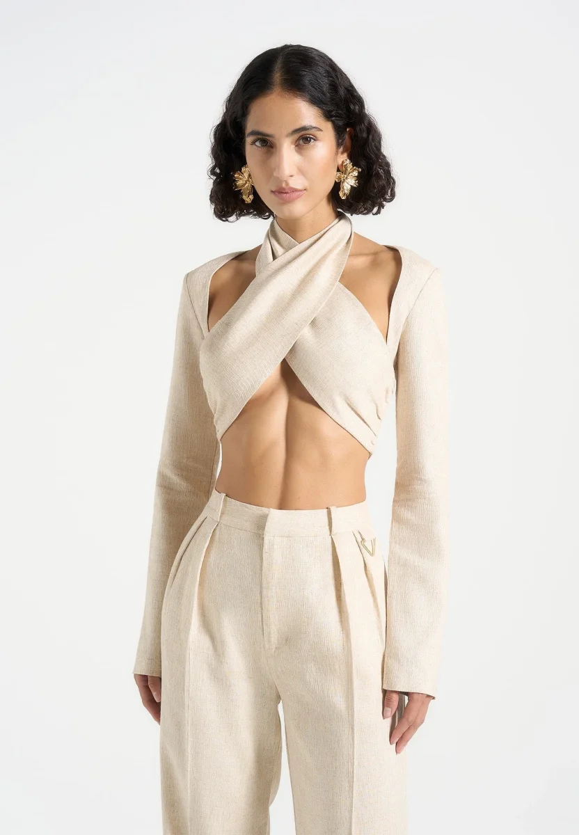 Wendy - Linen Crossover Bolero Top - Natural - Image 2