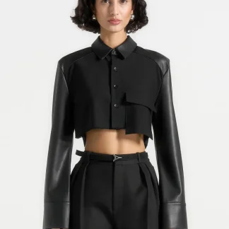 Bernadette - Leather Contrast Cropped Shirt - Black
