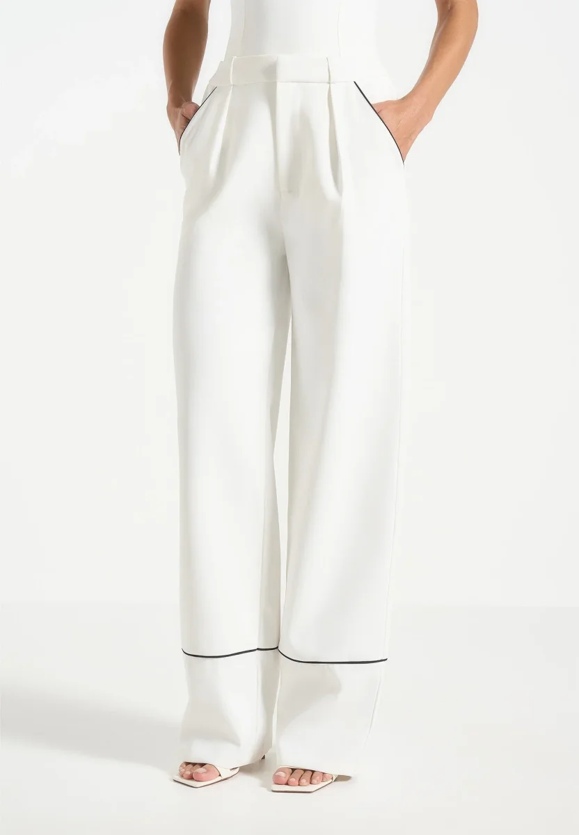 Mina - Contrast Piped Pleated Pants - White/Black - Image 3