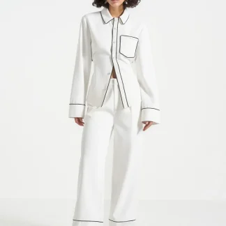 Mina - Contrast Piped Pleated Pants - White/Black