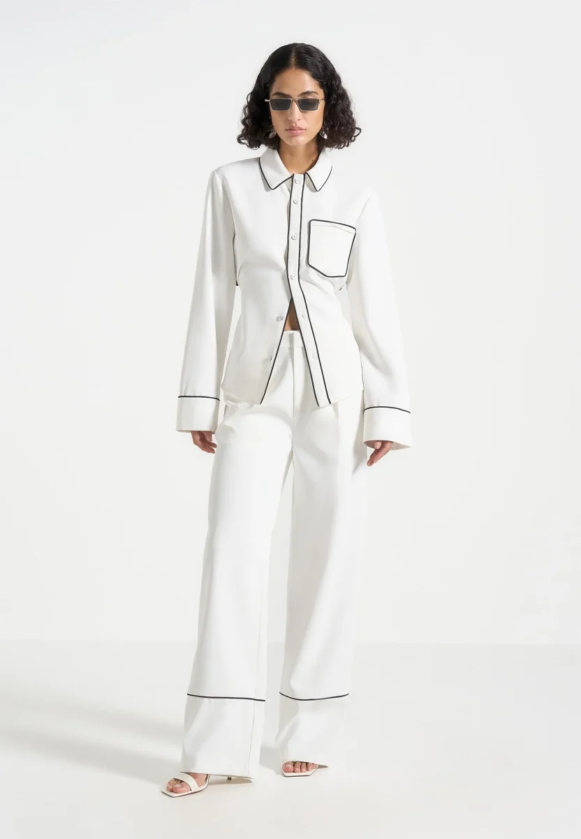 Mina - Contrast Piped Pleated Pants - White/Black - Image 2