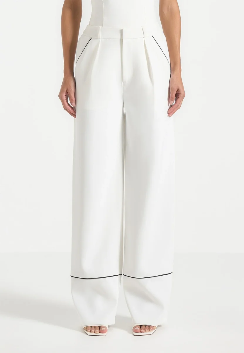 Mina - Contrast Piped Pleated Pants - White/Black - Image 5