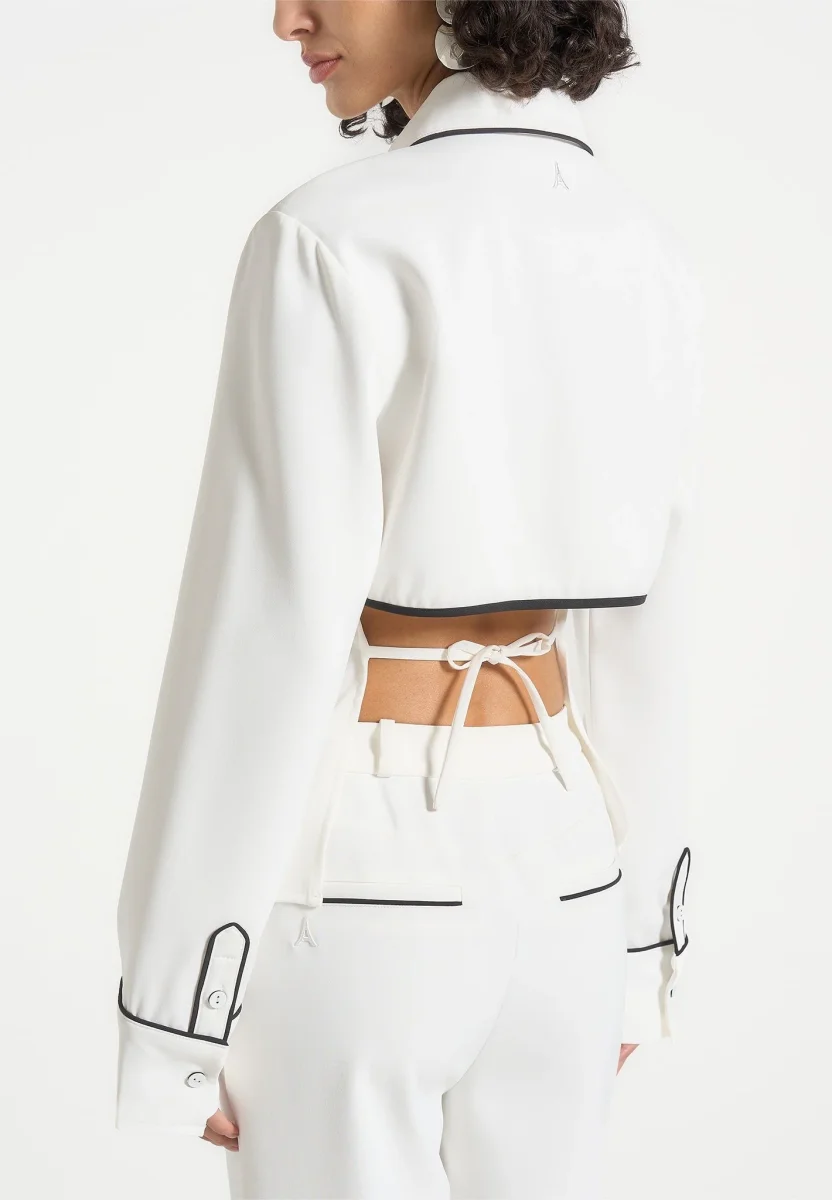 Contrast Piped Backless Tie Shirt - White/Black - Image 4