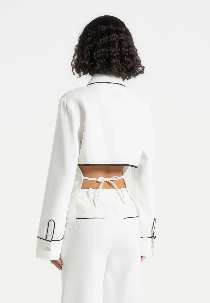 Contrast Piped Backless Tie Shirt - White/Black - Image 5