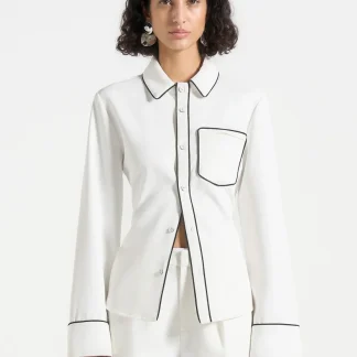 Contrast Piped Backless Tie Shirt - White/Black