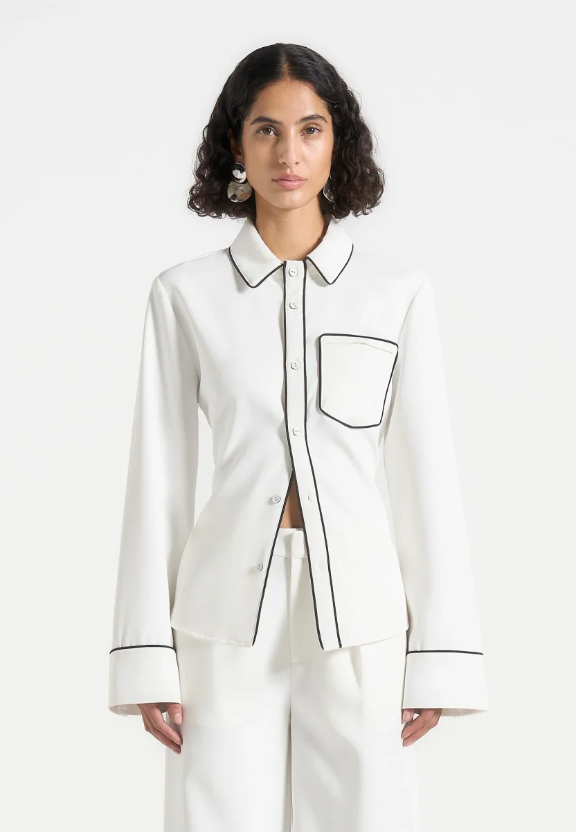 Contrast Piped Backless Tie Shirt - White/Black - Image 2