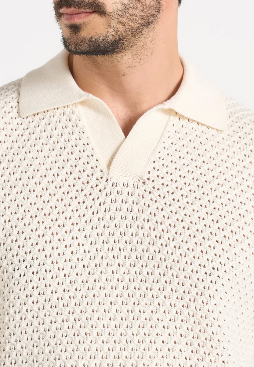 Conrad - Open Knit Polo Shirt - Cream - Image 4