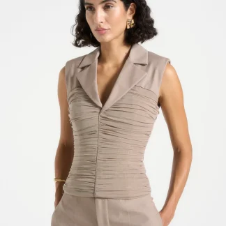 Thea - Mesh Ruched Waistcoat - Mushroom
