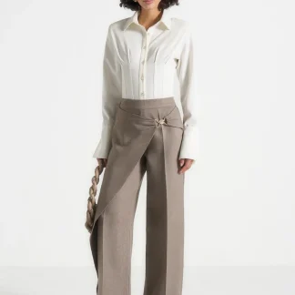 Beryl - Wrap Tailored Pants With Hardware Detail - Taupe