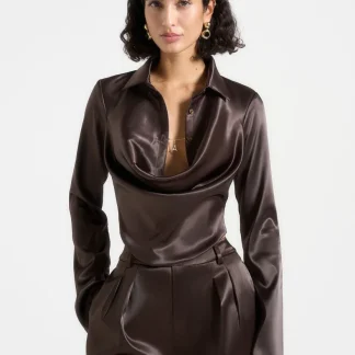 Satia - Satin Cowl Shirt with Chain Detail - Brown