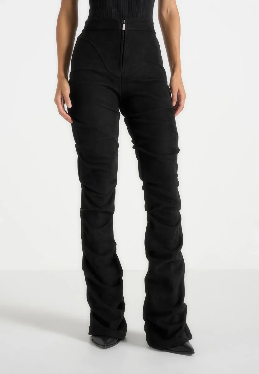 Caroline - Tacked Suede Fit & Flare Pants - Black
