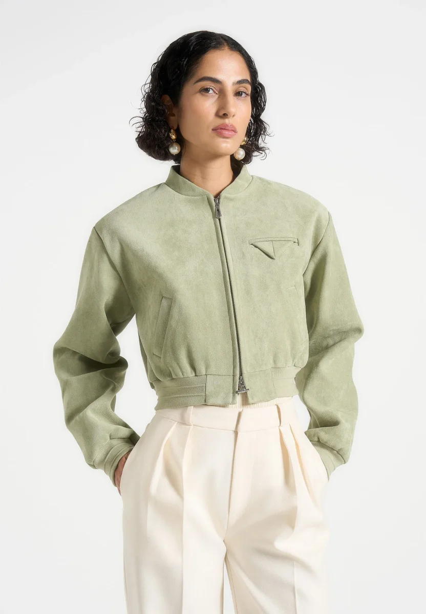 Monique - Suede Wide Shoulder Bomber Jacket - Sage - Image 3