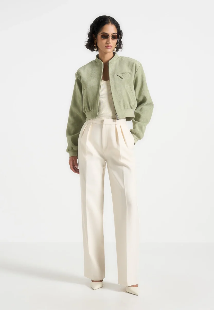 Monique - Suede Wide Shoulder Bomber Jacket - Sage