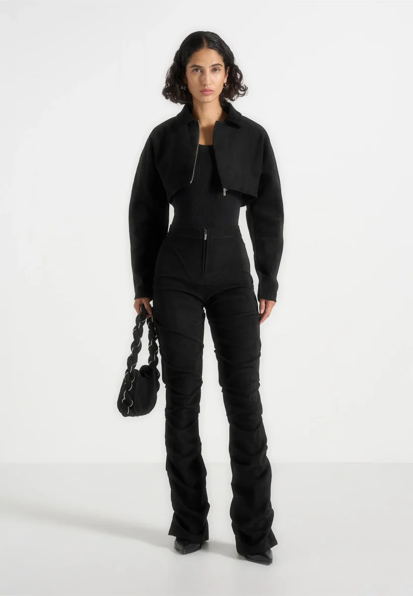 Caroline - Tacked Suede Fit & Flare Pants - Black - Image 3