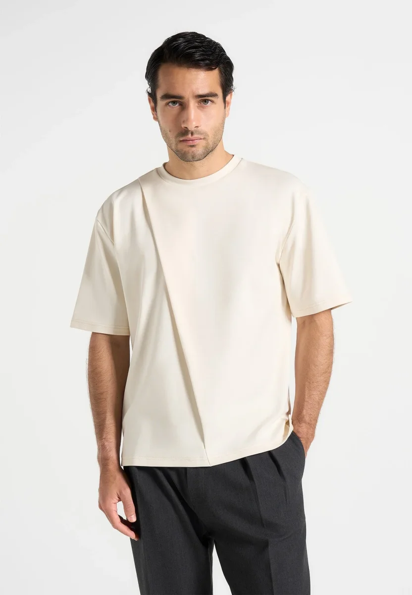 Hugo - Relaxed Fit Cotton T-Shirt With Pleat - Cream - Image 2