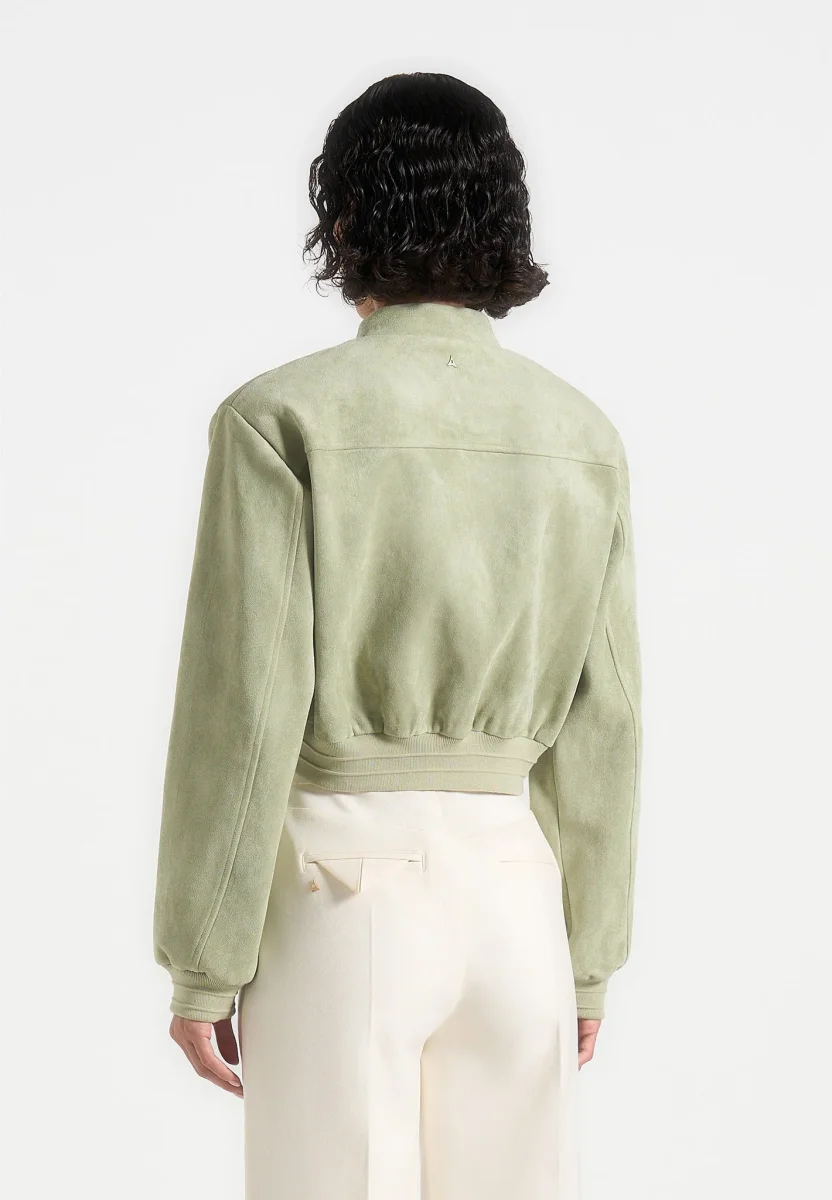 Monique - Suede Wide Shoulder Bomber Jacket - Sage - Image 4
