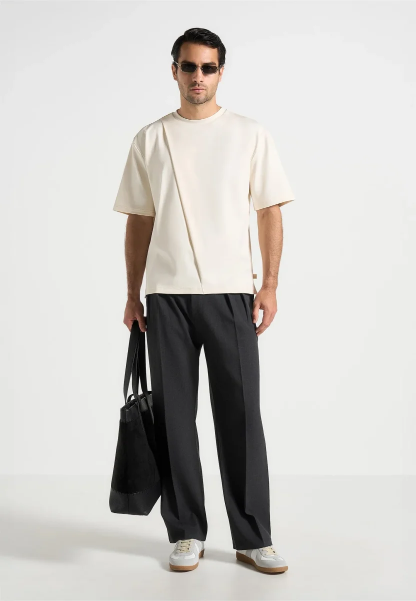 Hugo - Relaxed Fit Cotton T-Shirt With Pleat - Cream - Image 4