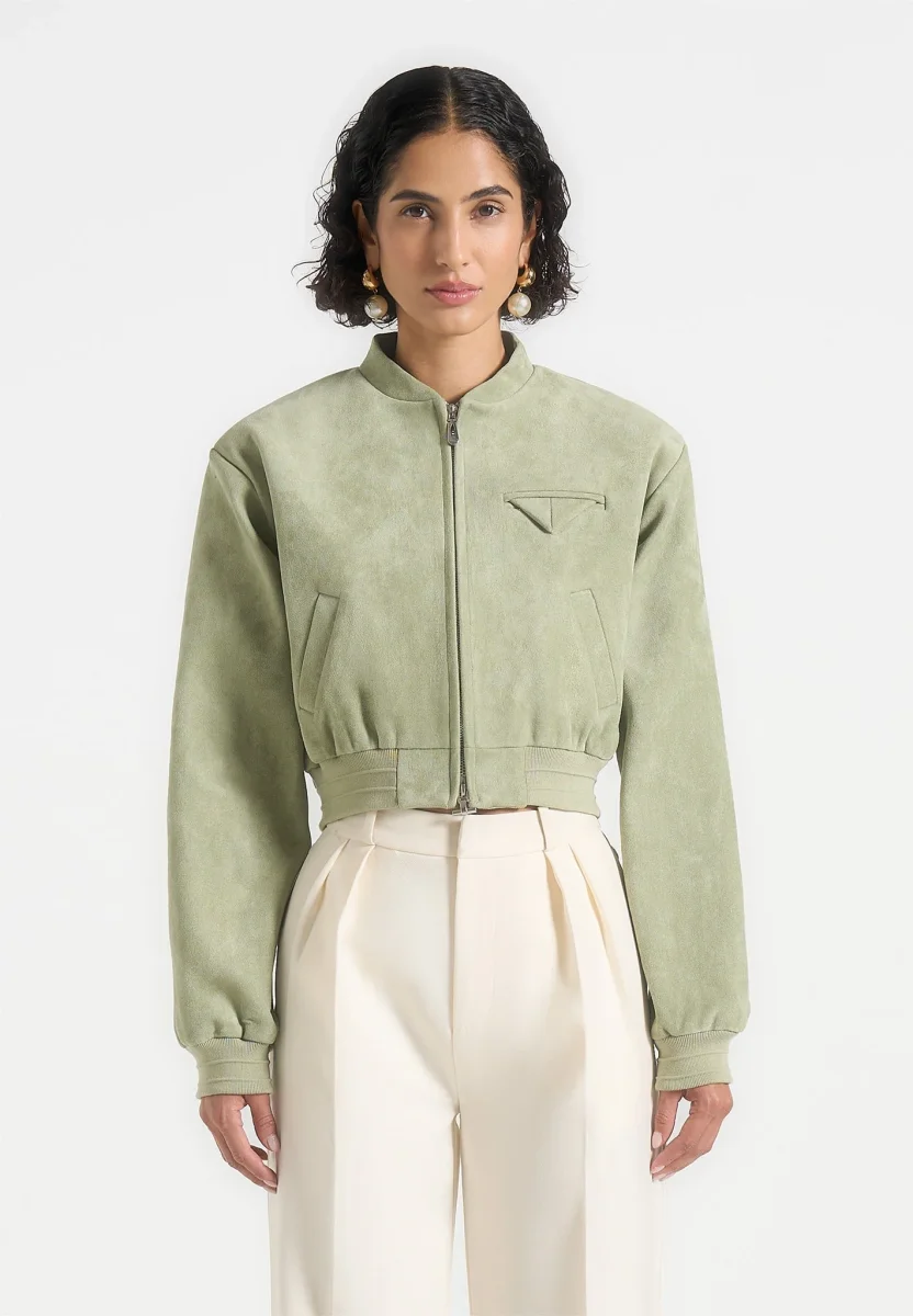 Monique - Suede Wide Shoulder Bomber Jacket - Sage - Image 5