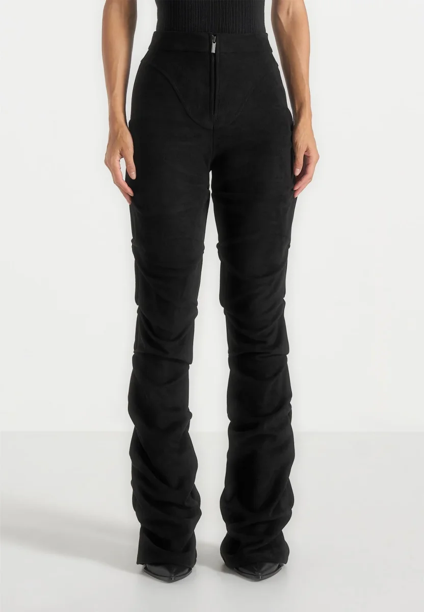 Caroline - Tacked Suede Fit & Flare Pants - Black - Image 4