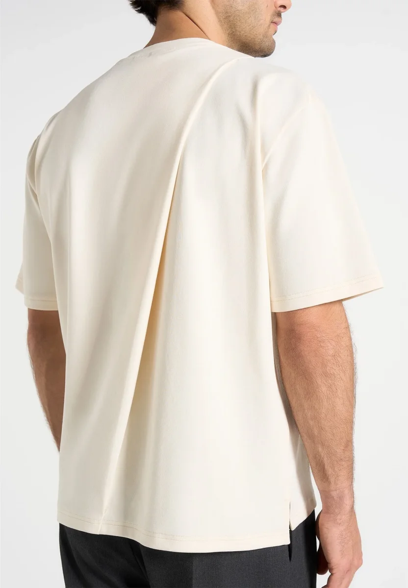 Hugo - Relaxed Fit Cotton T-Shirt With Pleat - Cream - Image 3