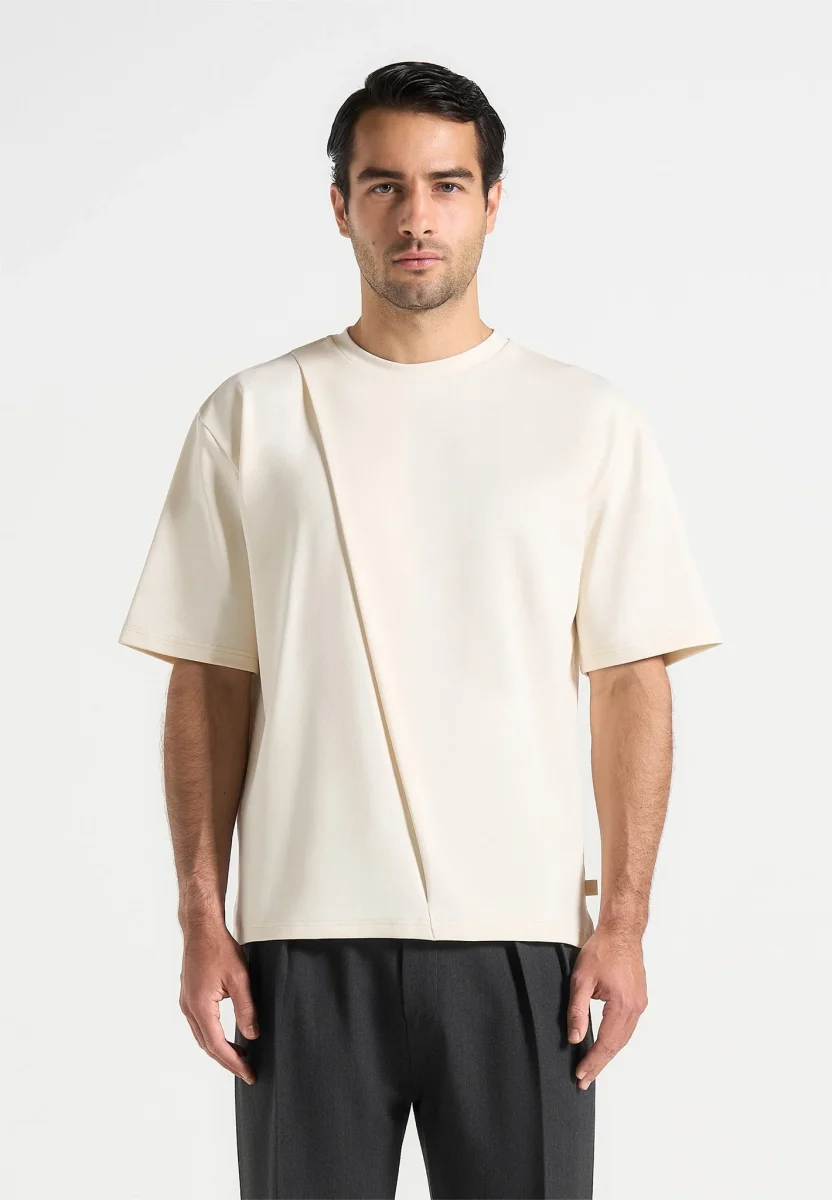 Hugo - Relaxed Fit Cotton T-Shirt With Pleat - Cream - Image 6