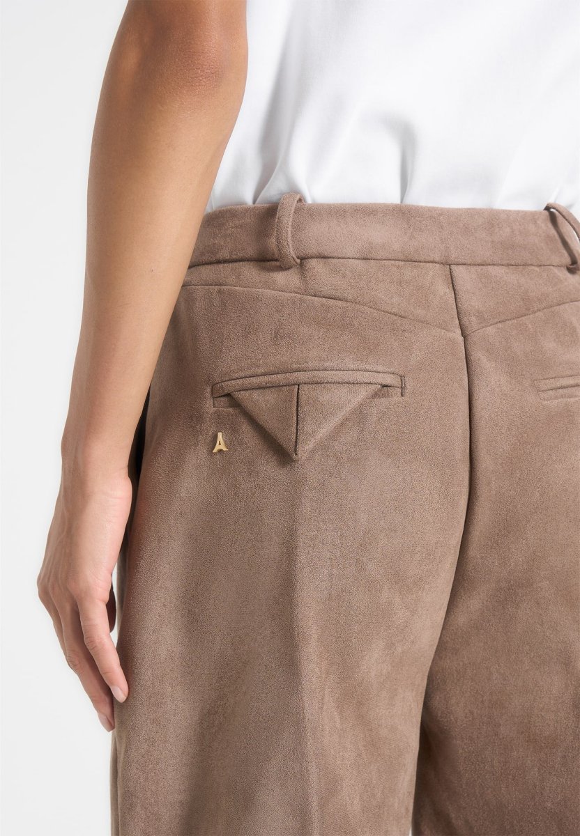 Solene - Suede Wide Leg Pleated Pants - Taupe - Image 5
