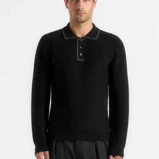 Aymeric - Whipstitch Detail Long Sleeve Knit Polo Shirt - Black