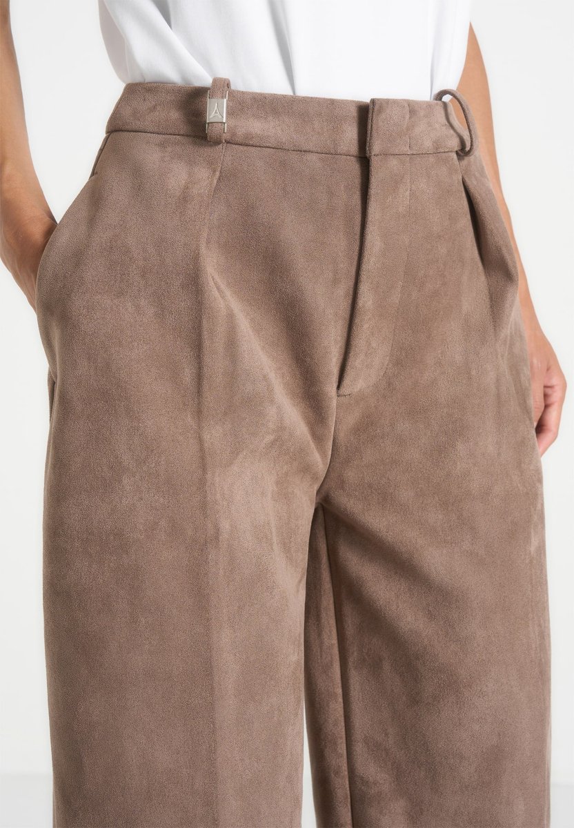 Solene - Suede Wide Leg Pleated Pants - Taupe - Image 4
