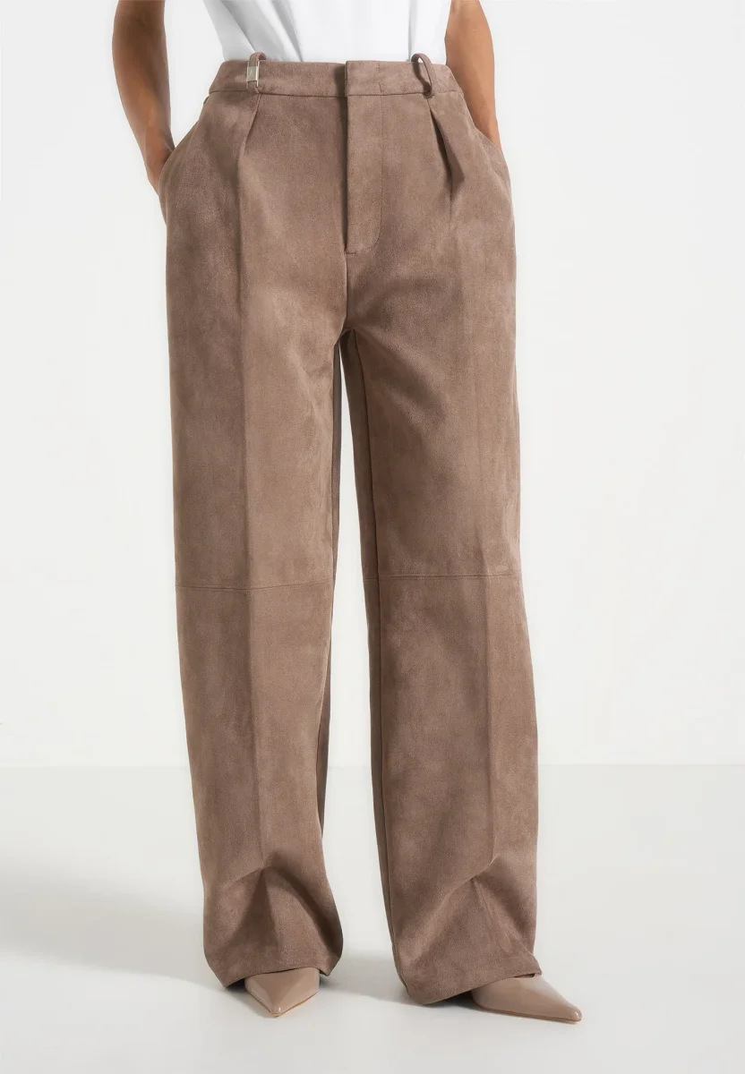 Solene - Suede Wide Leg Pleated Pants - Taupe - Image 3