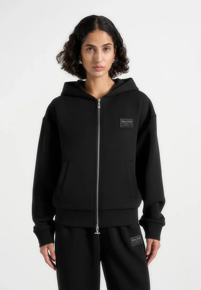 Ray - Unisex Neoprene Cropped Zip Hoodie - Black - Image 2