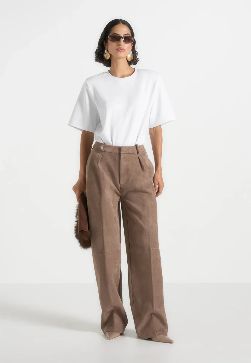 Solene - Suede Wide Leg Pleated Pants - Taupe - Image 2