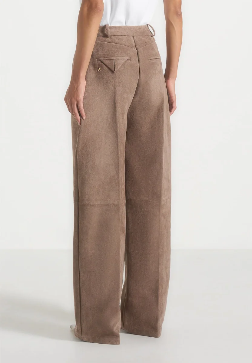 Solene - Suede Wide Leg Pleated Pants - Taupe - Image 6