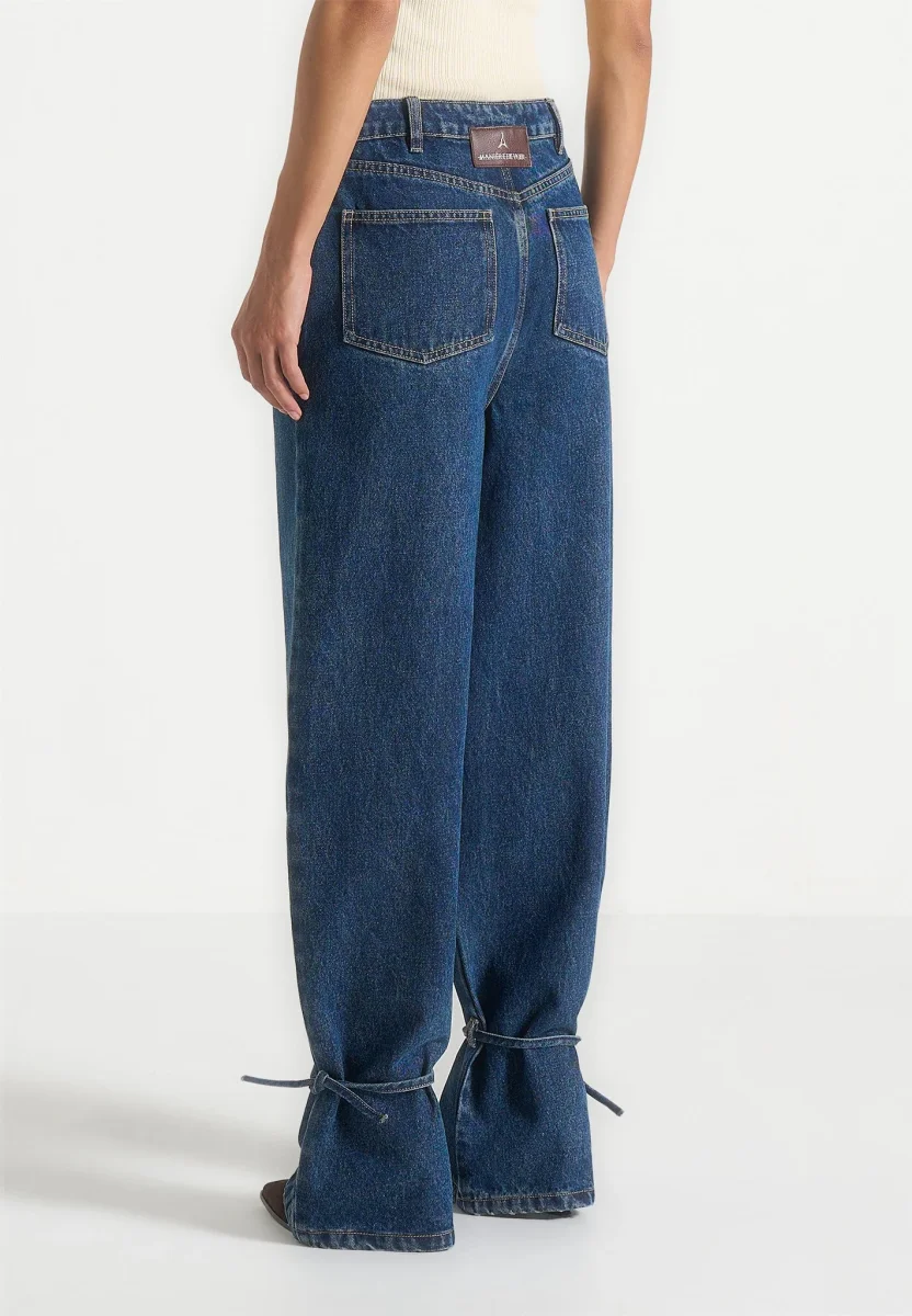 Faye - Wide Mid Rise Jeans With Tie Waist - Indigo - Image 7
