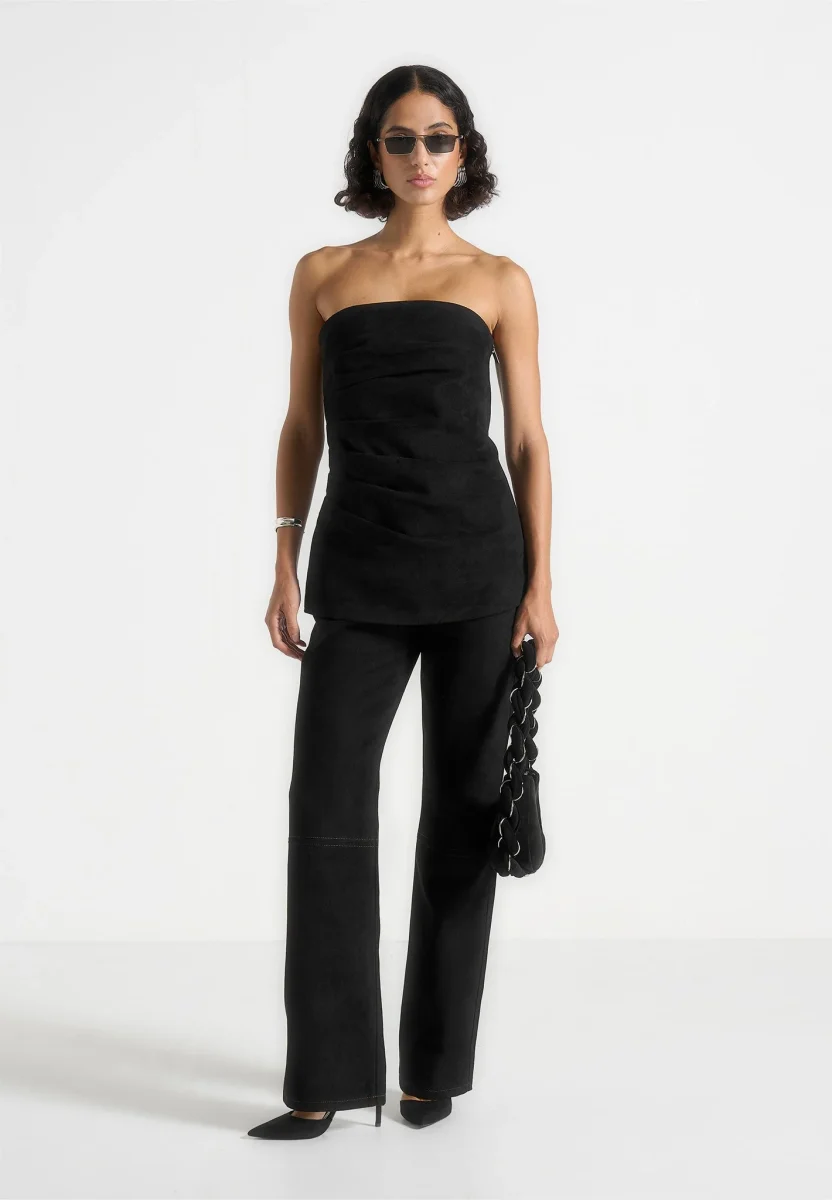 Laurena - Suede Tacked Longline bandeau Top - Black - Image 3