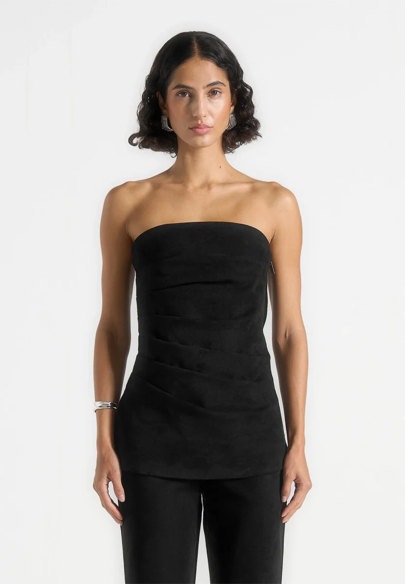 Laurena - Suede Tacked Longline bandeau Top - Black - Image 5