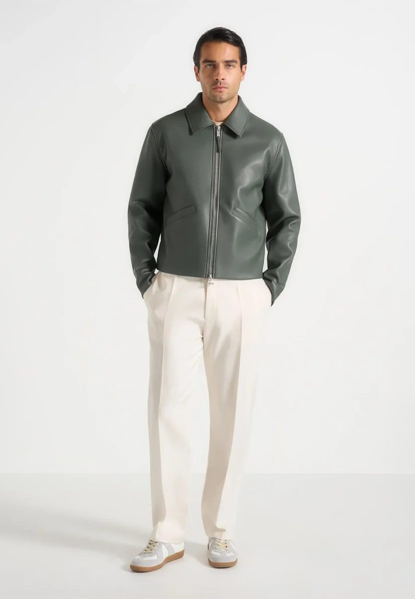 Yves - Minimal Leather Jacket - Olive - Image 2