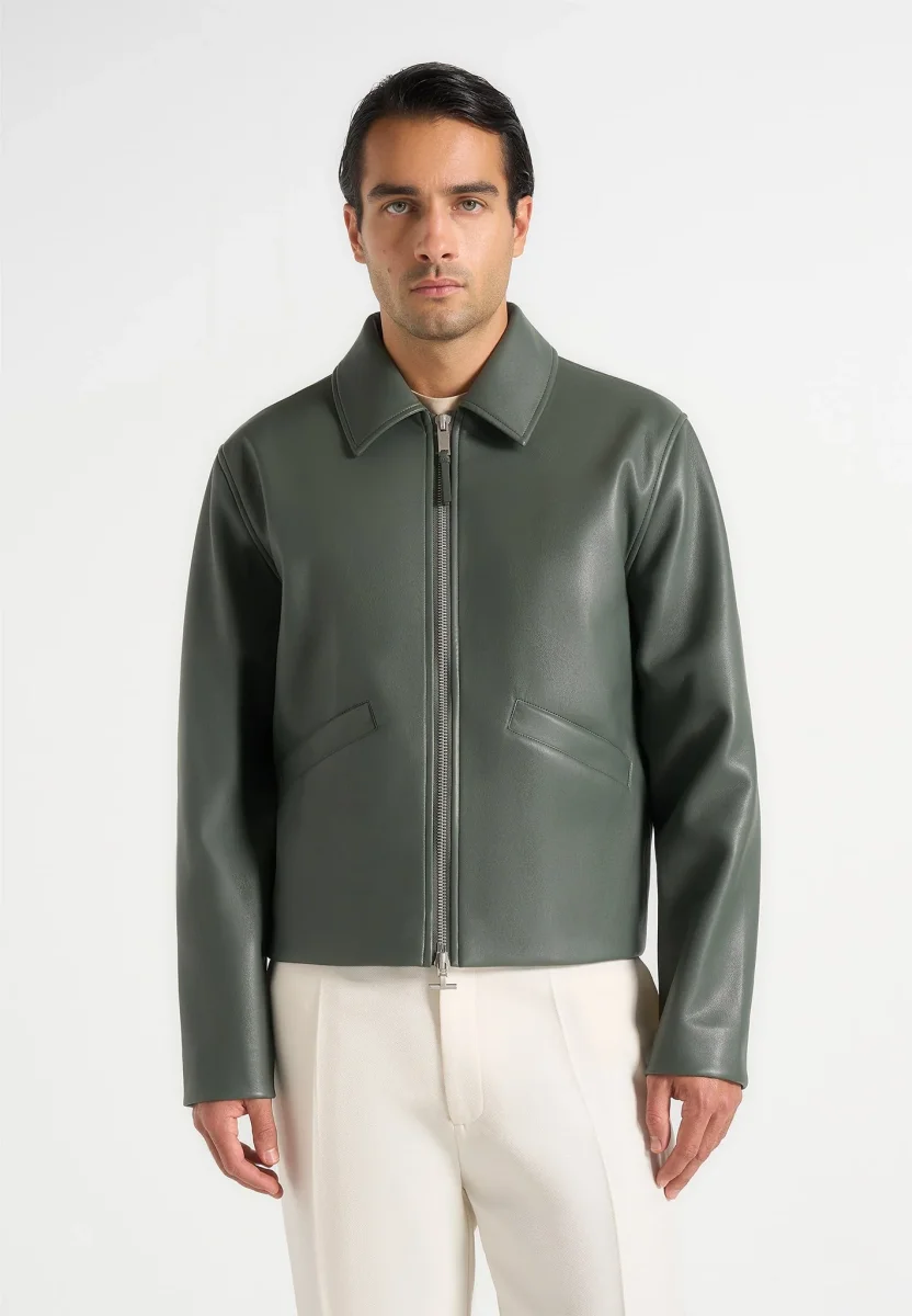Yves - Minimal Leather Jacket - Olive - Image 3